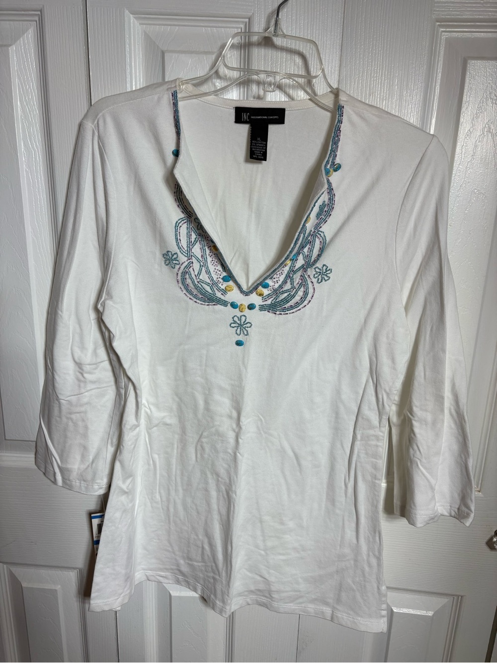 INC International Concepts White V-Neck Tunic with Blue & Teal Embroidery